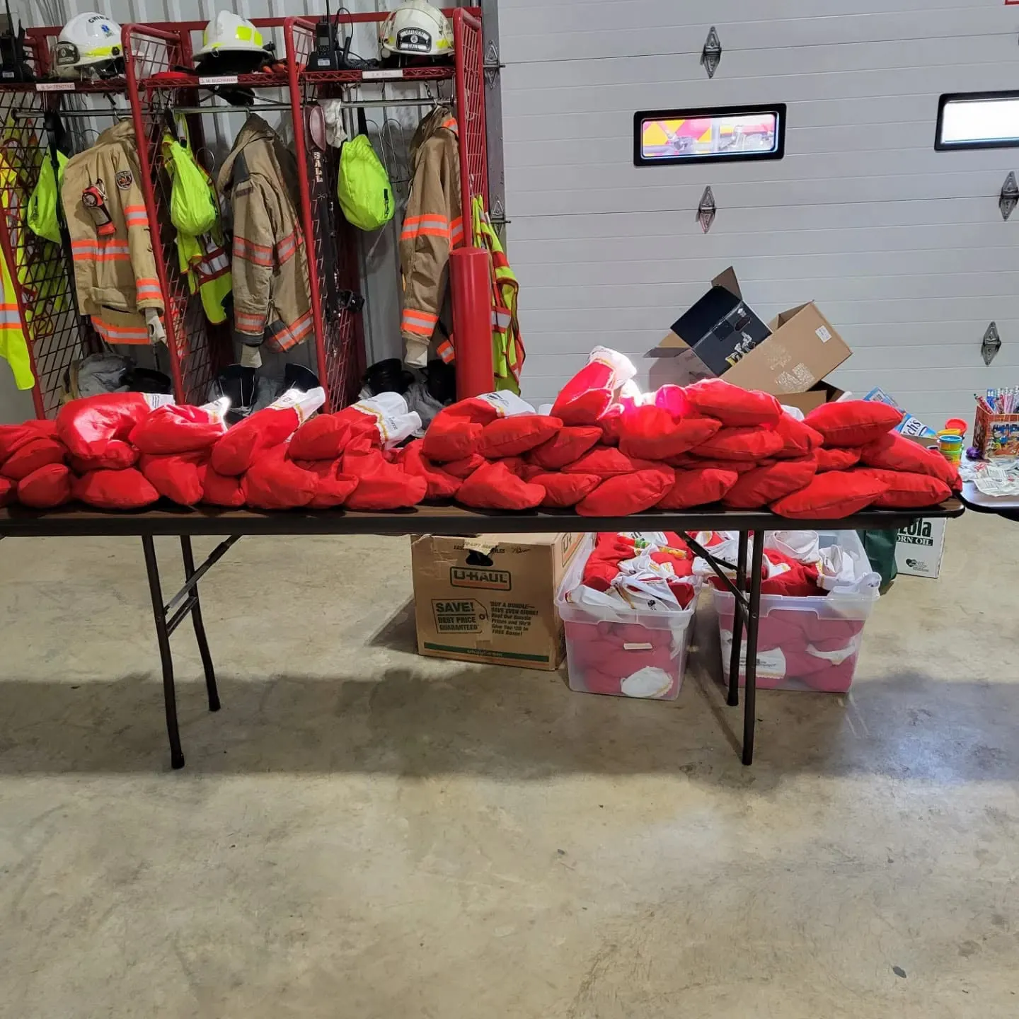 Stuffed stockings prepared for the Virden Breakfast with Santa event